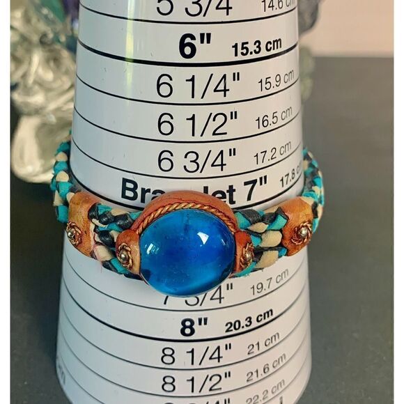Vintage 90s Turquoise Blue Marble braided Leather Bracelet, Unmarked - Picture 2 of 4